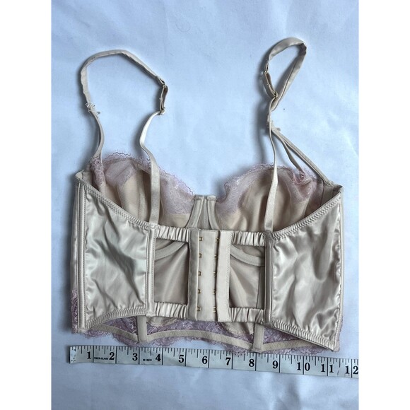 Victoria's Secret Cream Satin Corset Balconette Bra Pink Lace Trim Size 32D Cute - Picture 9 of 10